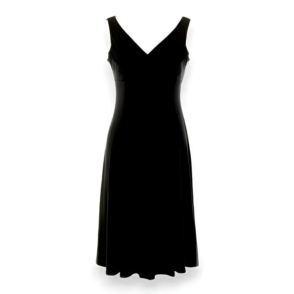 Evan Picone Minimalist Black Slinky Empire Waist Cross Over Fit Flare Dress M 6